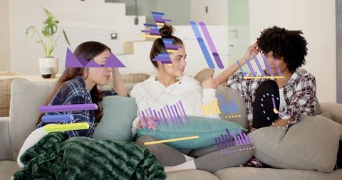 Three women lounging on sofa chatting with colorful data overlays for tech home lifestyle