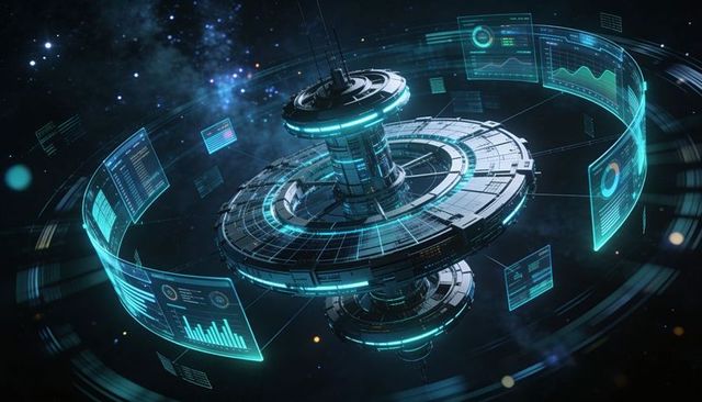 Rotating Futuristic Ring Space Station Displaying Holographic HUDs and Teal Neon Interface