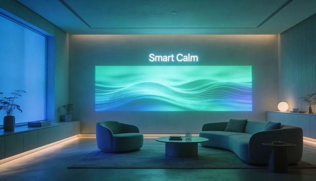 Minimalist lounge showcasing smart calm wellness display with ambient teal-blue lighting