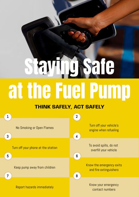 This visual depicts safety tips for staying safe at the fuel pump while a biracial woman is refueling her car. Use this image for educational materials, public safety announcements, or auto service brochures to promote safety awareness and proactive behaviors at gas stations.
