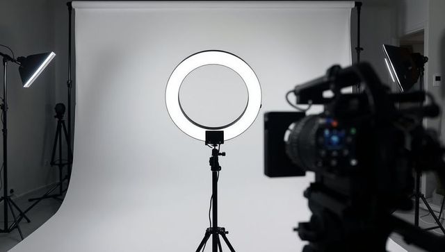 Professional photography studio with glowing ring light