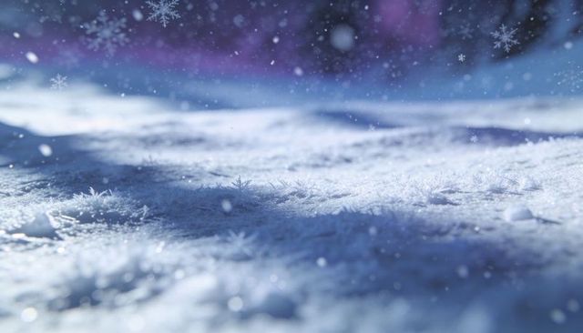 Twilight frost close-up showing sparkling snow crystals and floating snowflakes