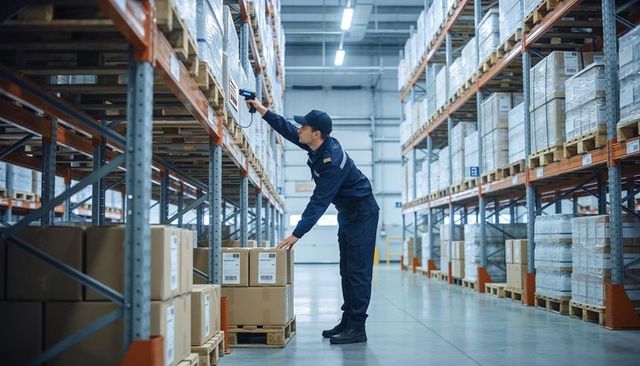 Worker scanning barcode on pallet rack in modern warehouse aisle for inventory control