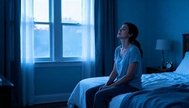 Woman sitting on bed at dawn in serene blue bedroom reflecting quietly calm morning