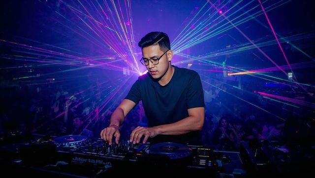 Asian dj mixing on neon laser nightclub stage operating mixer console with vibrant crowd