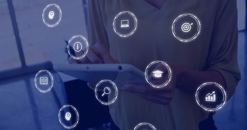 Business Technology Interface with Symbols and Tablet