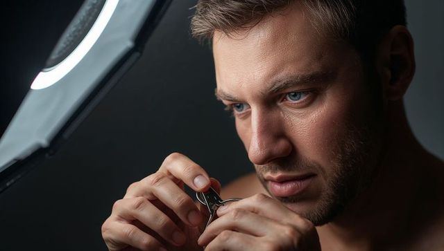 Closeup man trimming nails with metal clipper under ring light, focused grooming portrait