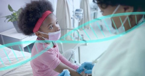 Doctor Vaccinating Young Girl with DNA Strand Overlay in Clinic
