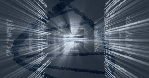Rotating DNA Helix Traveling Through Virtual Data Tunnel with Code Streams and Light Flare