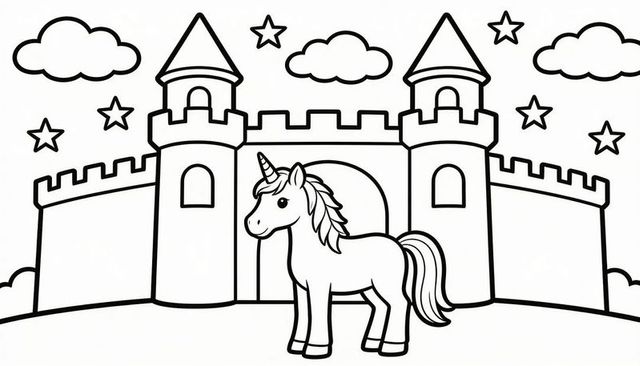 Young unicorn standing before castle coloring page outline for kids crafts and education