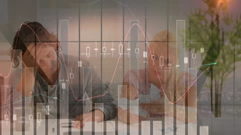 Stressed Couple Managing Finances with Overlaying Financial Graphs