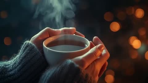 Cozy Night with Steaming Mug in Hands by Warm Light