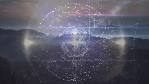 Digital Globe of Connections Over Serene Mountain Landscape