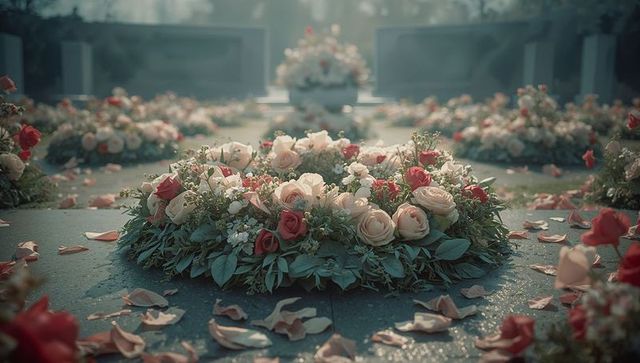 Wreath of pink and red roses on memorial with scattered petals
