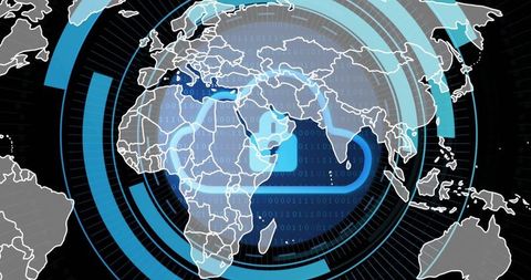 Futuristic Digital World Map HUD Highlighting Africa with Binary Data and Geospatial Rings