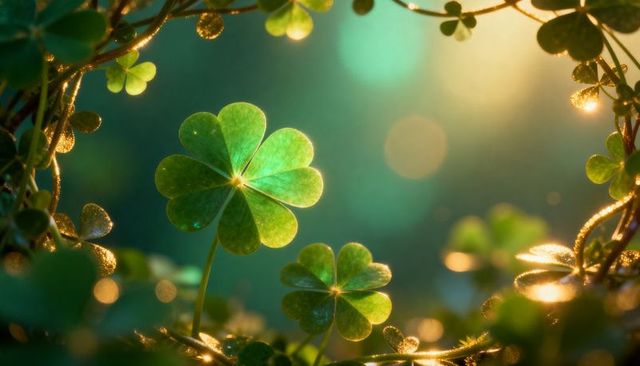 Four-leaf clover glowing in dew with teal amber bokeh and rim light