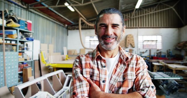 Portrait of happy mature caucasian male carpenter with beard standing in workshop, copy space. Carpentry, woodwork, small business, construction and craft, unaltered.