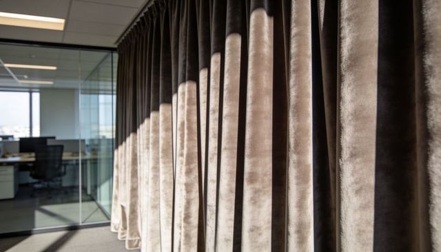 Taupe Velvet Curtains Casting Striped Sunlight Across Modern Glass-Partition Office