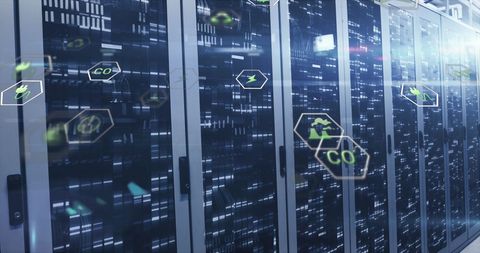 Digital Composite Icons Over Data Center Server Racks - Download Free Stock Images Pikwizard.com