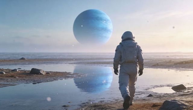 Astronaut walking along alien shoreline with blue gas giant reflecting on tidal flats