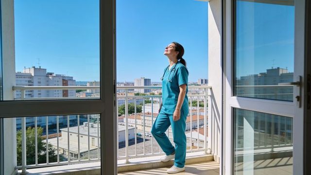 Healthcare worker in teal scrubs basking in sunlight on urban balcony with stethoscope