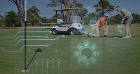 Golfers Analyzing Putt with Futuristic Digital Overlays