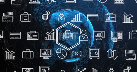 Global Network and Financial Technology Mesh with Digital Icons