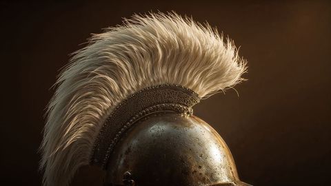 Medieval bronze helmet with ornate crest and horsehair plume