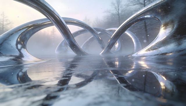 Mirrorlike metallic loops reflecting dawn on misty frozen water with surreal twisted curves