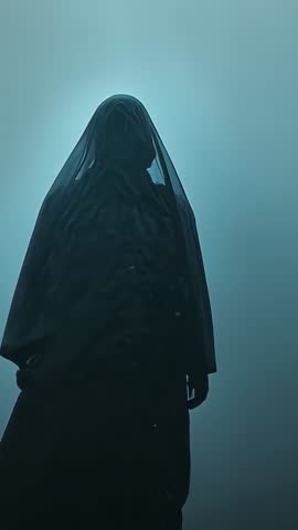 Veiled Figure Emerging from Fog with Halo Backlight in Atmospheric Vertical Video