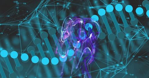 Merging purple neural nebula with turquoise dna helix for bioinformatics visualization