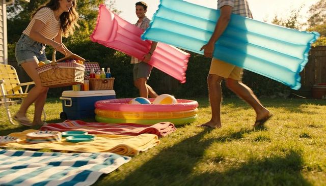 Friends carrying colorful inflatable mattresses to backyard pool party with picnic basket