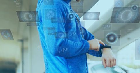 Caucasian Athlete Analyzing Data on Smartwatch Display