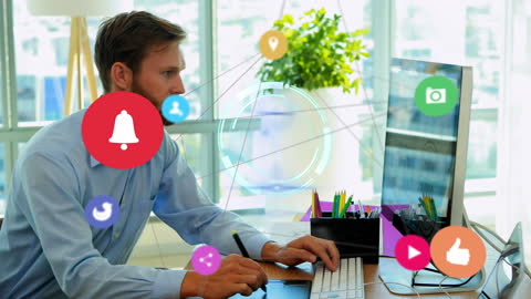 Businessman Engaged with Digital Network Interface in Office