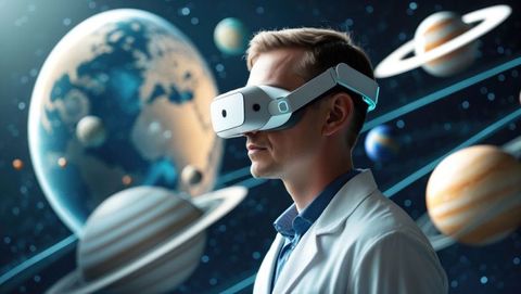 Astrophysicist using vr headset in space exploration simulation