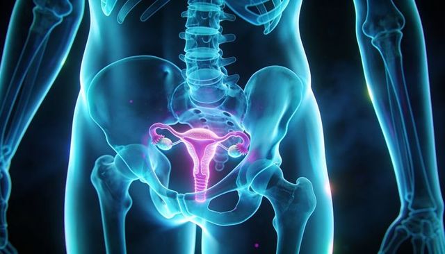 Glowing female pelvic anatomy rendering highlighting uterus, cervix and fallopian tubes