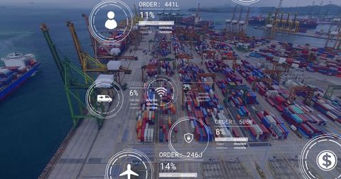 Overview of Shipyard with Data Interface Overlay on Global Logistics - Download Free Stock Images Pikwizard.com