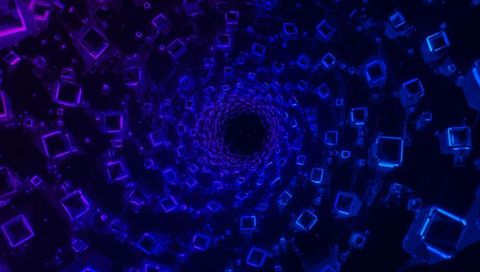Spiraling neon cube tunnel pulling into dark void, futuristic digital vortex
