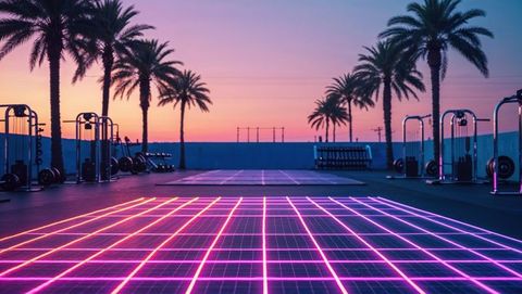 Futuristic Neon Grid at Sunset Rooftop Fitness Center