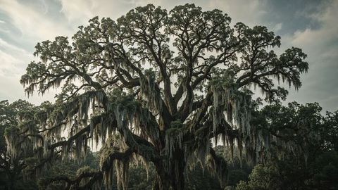 Majestic Oak Tree Draped in Spanish Moss in Quiet Woodland