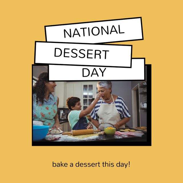 Composite of bake a dessert on national dessert day text and biracial family making cookies. Copy space, love, togetherness, childhood, preparation, sweet food, indulgence and celebration concept.