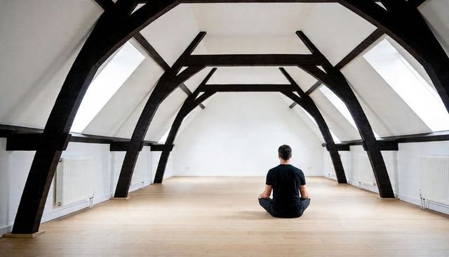 Man meditating in minimalist loft with exposed wooden trusses, skylights and open floor