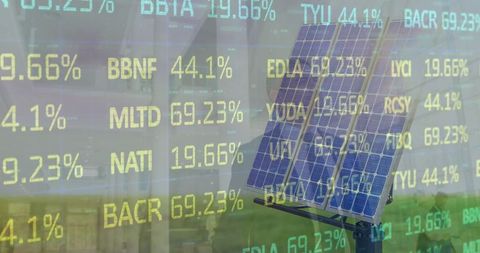 Stock Market Data over Solar Panels Highlighting Renewable Energy Investments