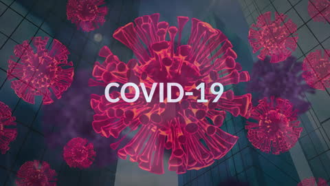COVID-19 Virus Animation over Urban Skyline Background