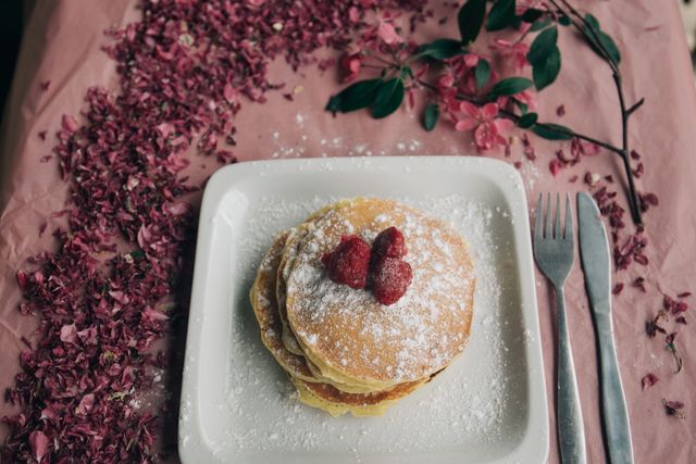 Pancakes with Raspberries and Powdered Sugar on Pink Petal Background - Download Free Stock Photos Pikwizard.com