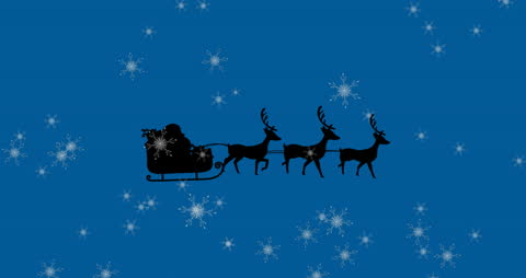 Santa in Sleigh with Reindeer Silhouette on Snowy Sky