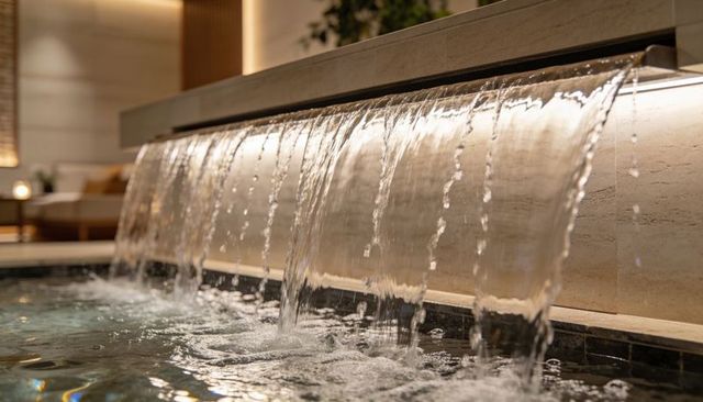 Cascading spa waterfall flowing over metal spillway into tranquil tiled pool