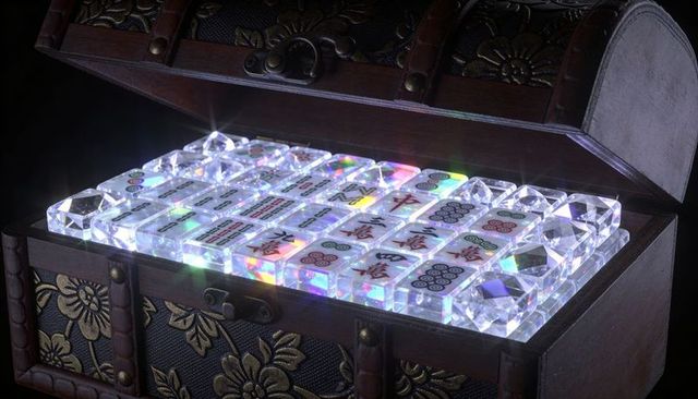 Revealing luminous crystal mahjong tiles in ornate wooden treasure chest with prismatic led glow