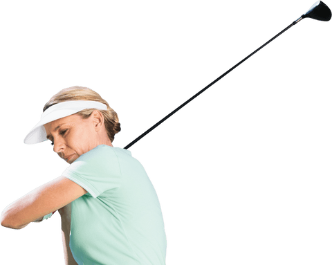 Focused female golfer with golf club on transparent background