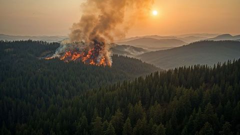 Breaking news: wildfire raging in mountain forest at sunset with dense smoke